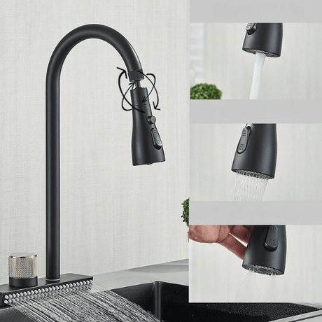 Kitchen Faucet Flexible Pull Out 3 Way Nozzle Gourmet Kitchen Faucets Black Rain Waterfall Kitchen Sink Mixer Tap Crane - novelvine
