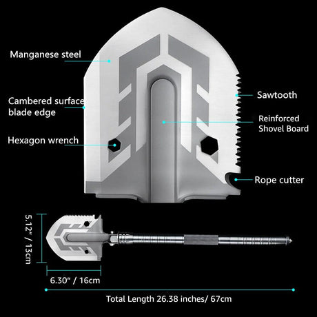 Survival Military Grade Folding Shovel With Portable Entrenching Tool, Foldable Camping Multitool, Tactical Collapsible Spade for Hiking, Backpacking, Off-roading, Car Emergency - novelvine